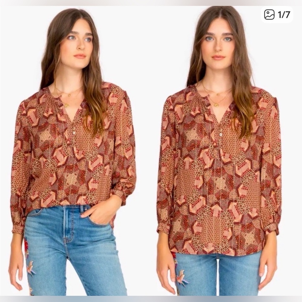 Johnny Was Jade Boho Peasant Blouse Multi Print Sparkle Thread SZ Medium
